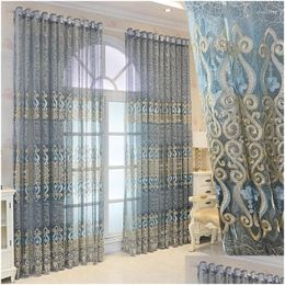 Curtain Drapes European Luxury Sheer Curtains For Bedroom Blue Floral Jacquard Romantic Patio Door Voile Panels Window Drapery Drop De Dhox2