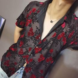 Men's Casual Shirts Embroidery Shirt Trendy Transparent Blue Floral Men Sexy Velvet Short Sleeve Clothing See Through Social 281L