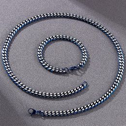 Chains 8MM Cuban Link Curb Chain Necklace & Bracelet Set For Men Golden Blue Stainless Steel Men's Necklaces Bracelets Man Ac290u