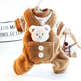 Dog Apparel Pet Clothing Autumn Winter Jumpsuits Cat Fleece Little Bear Pocket Four Legged Strap Pants Brown Pink Thicken 230915