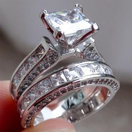 Luxury Size 5 6 7 8 9 10 Jewellery 10kt white gold filled Topaz Princess cut simulated Diamond Wedding Ring set gift with box288a