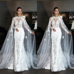 Fabulous Mermaid Wedding Dresses With Cape Jewel Neck 3D Lace Bridal Gown Vestidos Dubai Long Sleeve Beach Wedding Dress Plus Size329t
