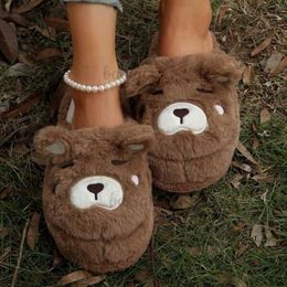 Slippers Winter Women Cute Home Plus Cartoon Bear Warm Faux Fur Lining Fluffy Cosy Flat Non Slip Sole Ladies Shoes babiq05