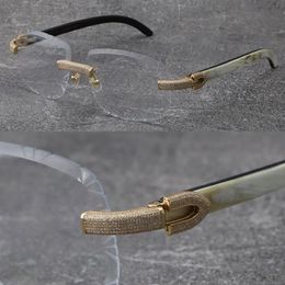 2022 New Rimless Micro-paved Diamond set Frames White Inside Black Buffalo Horn Eyewear Glasses Male and Female 18K Gold Frame gla239A