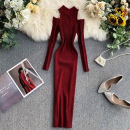 2021 New design women's fashion o-neck off shoulder long sleeve cutout hollow out knitted knee length pencil dress solid colo2008