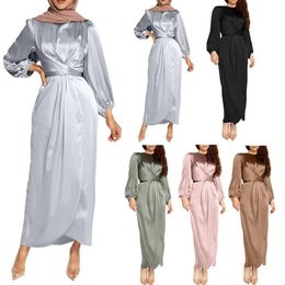 Women Arab Muslim Satin Puff Long Sleeve Maxi Dress Solid Colour Wrap Front Self-Tie Abaya Dubai Turkey Hijab Robe Kaftan2848