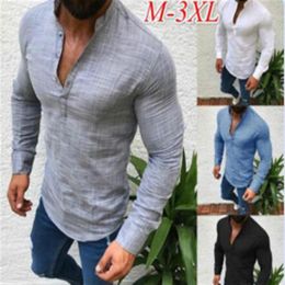 Men's New Design Solid Long Sleeve Casual Linen V Neck Shirt Male Loose Pullover Tops Clothing Pluse Size S-5XL304B