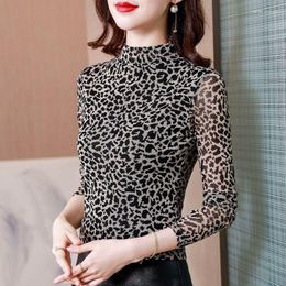 Women's Blouses 2023 Autumn Fashion Casual Long-Sleeved Shirt Female Printing Slim Fit Tops Ladies Half High Collar Bottoming G457