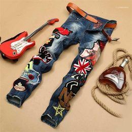 Personality Embroidery Beauty Badge Patch Jeans Men Ripped Jeans Fashion Brand Biker Hip Hop Denim Slim Fit Casual Pants11241Z