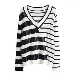 Women's Sweaters 2023 Autumn Winter Black And White Striped Sweater For Women Y2K Womens Clothing V Neck Pullovers Knitted PU Patchwork