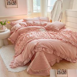 Bedding Sets Washed Cotton Duvet Er Set Queen Korean Plain Double King Size Quilted Bedspread Lace Bow Soft 4Pcs For Girl Drop Deliver Dhbos