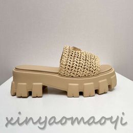 Slippers Woven Platform Mule Shearling Flip Flops Chunky Furry Wool Slide Summer Beach Home Rubber Sole