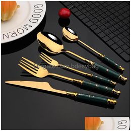 Dinnerware Sets 20Pcs Stainless Steel Green Gold Cutlery Tableware Set Ceramic Handle Tea Fork Spoon Knife Flatware Dinner Drop Delive Dhbyd