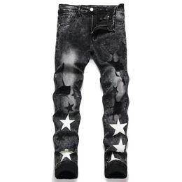 Mens Jeans EH MD Star Embroidered Leather MicroChannel Stitching Cotton High Stretch Slim Pants 3D Street Gradient Art23 230915