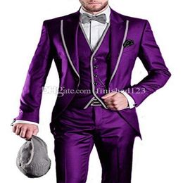 Very Good One Button Purple Groom Tuxedos Peak Lapel Men Suits 3 pieces Wedding Prom Dinner Blazer Jacket Pants Vest Tie W540202i