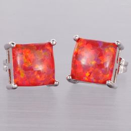 Stud Earrings KONGMOON 8x8 Square Red Fire Opal Cabochon Silver Plated Jewellery For Women Piercing