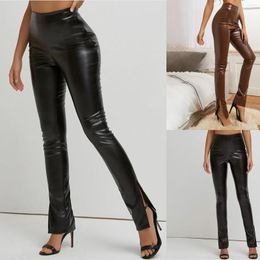 Women's Pants Sexy Skinny High Elastic Suit Sets Black Casual Side Slit Pu Leather For Women Ripped