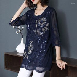 Women's Blouses Vintage Floral Embroidery Applique Blouse Casual Loose Spring Summer 3/4 Sleeve Clothing Stylish Sequined O-Neck Shirt