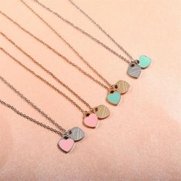 Fashion Pink Blue Enamel Double LOVE Heart-shaped Pendant Necklace Women Stainless Steel Frang Chain Link Jewelry Gift Chains268a