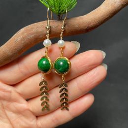 Dangle Earrings Green Jade Accessories 925 Silver Amulets Beads Natural Talismans Emerald Pearl Jewellery Gift Carved Women Real Charms