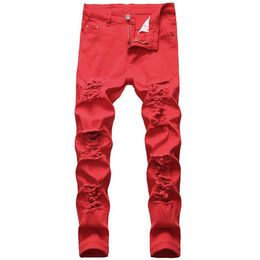 2021High Quality Brand Hip Hop Hand Denim Men Fashion Hole Red Zipper Pants Designer Jeans Slim Casual Straight Fit Men's299o
