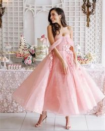 Blush Pink Prom Dresses Lace 3D Floral Short Formal Evening Gowns Off The Shoulder Ankle Length Party Guest Dress Plus Size 328 328