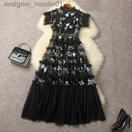 Basic Casual Dresses European and American women's clothing 2023 autumn new Short sleeve stand collar embroidered with black gauze fashion Dress XXL L230916