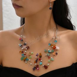 Multilayer Colourful Crystal Stone Beads Necklace Earrings Set Women African Beads Jewellery Set Bijoux Femme Wedding Party