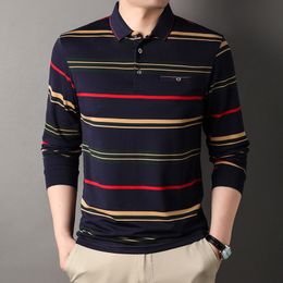 Men's Polos 100% Cotton Polo Shirt for Men Striped Long Sleeve Multi-color Autumn and Spring Male Polo Shirt Korean Style Luxury Clothing 230915