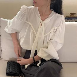 Women's Blouses Clothland Women Elegant White Black Blouse Lace Tie Long Sleeve Reversible Wear Shirt Office Loose Tops Blusa LA900