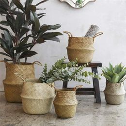 Woven Seagrass Basket Woven Seagrass Tote Belly Basket for Storage Laundry Picnic Plant Pot Cover & Beach Bag235W