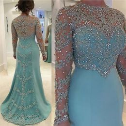 2019 Mint Green Vintage Mermaid Mother Of The Bride Evening Dresses Long Sleeve Beads Crystal Lace Appliqued Plus Size305G