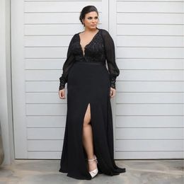 Black Plus Size Special Occasion Dresses Girl New Custom Lace Up Zipper Evening Dresses Prom Party Gown A Line V-Neck Chiffon Applique Long Sleeve Thigh-High Slits