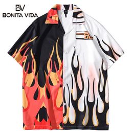 Men's Casual Shirts Bonita Vida Hawaiian Streetwear Fire Flame Colour Block Patchwork Shirt Men Harajuku Hip Hop Beach Button 239C