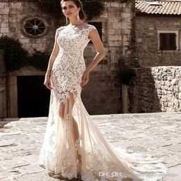 2022 Modest Champagne Mermaid Wedding Dresses with Detachable Skirt White Lace Appliqued Court Train Beach Garden Bridal Gowns BA5240I