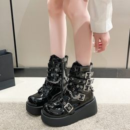 Boots Fashion Big Size 40 Black Gothic Motorcycle Zip High Heel Punk Rivets Chunky Platform MidCalf Women Shoes 230915