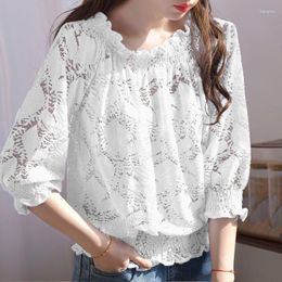 Women's Blouses Hollow Out Slash Neck Lace Shirt Women Autumn Clothing Loose Short Sleeve White Blouse Woman Embroidered Ruffled Slim Tops