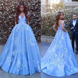 2019 Stunning Light Blue Puffy Arabic Prom Evening Gowns Vesitidos Appliqued Off the Shoulder Said Mhamad Prom Dresses287e