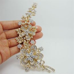 Whole - New Elegant Luxury Rose Long Flower Leaf Gold Plate Art Nouveau Brooch Pin Clear Rhinestone Crystal242g