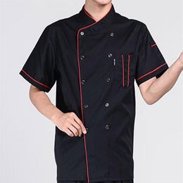 Men Short Sleeve Stand Collar Double-breasted Chef Waiter Uniform Loose 2021 Fashion Cloth Men's Dress Shirts271o