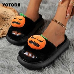 Slippers Winter Women Halloween Slippers Platform Furry Warm Pumpkin Slippers Fashion Outdoor Cross Flip Flop Open Toe Plush Slides Shoes babiq05