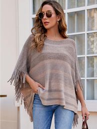 Women's Sweaters Liooil Color Block Stripe Print Tassel Knit Cloak Shawl Sweater Knitting Pull Tops 2023 Autumn Winter Loose Knitted