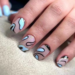 False Nails 24pcs Irregular Curve Blue Fake Wearable Full Cover Press On Manicure Detachable Finished Short Fingernails