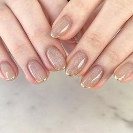 False Nails Wearing Nail Short Style Sparkling Pink French Gold Edge Finished Sheet Enhancements