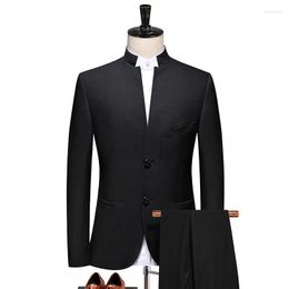 Men's Suits 2023 Chinese Style Autumn Suit Solid Colour Casual Stand Collar Blazers Jacket Pants 2pcs Set Coat Trouser