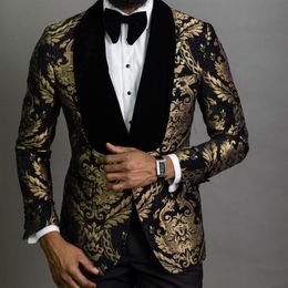 Gold Jacquard Men Suits Shawl Lapel Slim Fit Groom Tuxedo Male Fashion Prom Costume Blazer Vest With Pants Men's & Blazers275F