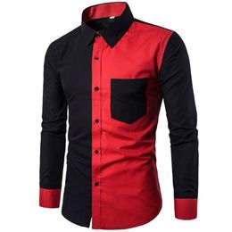 Red Black Patchwork Shirt Men 20202Autumn New Slim Fit Mens Dress Shirts Casual Business Social Shirt Male Hit Colour Chemise 3XL238G