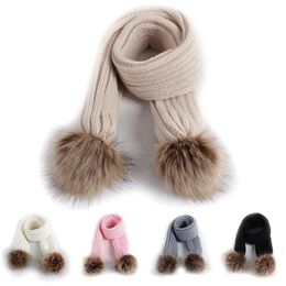 Scarves Winter Baby Scarf Girl Solid Faux Fur Pompon Children Knitted Scarves Neck Warmer Kids Artificial Wool Pom Thicken Scarves 230915