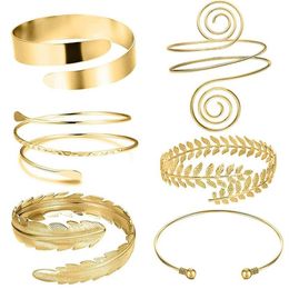 Bangle 6 Pieces Set Arm Bracelet For Women Girls Gold Colour Mental Open Upper Simple Adjustable Armlet Armband Set303S