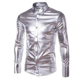 Men's Dress Shirts Gold Silver Shiny Leather Coating Shirt Men Clubwear Fashion Long Sleeve Top Button Up Punk Style Hip Hop 229o